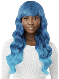 Thumbnail for Person with long blue wavy hair wearing a white top on a white background