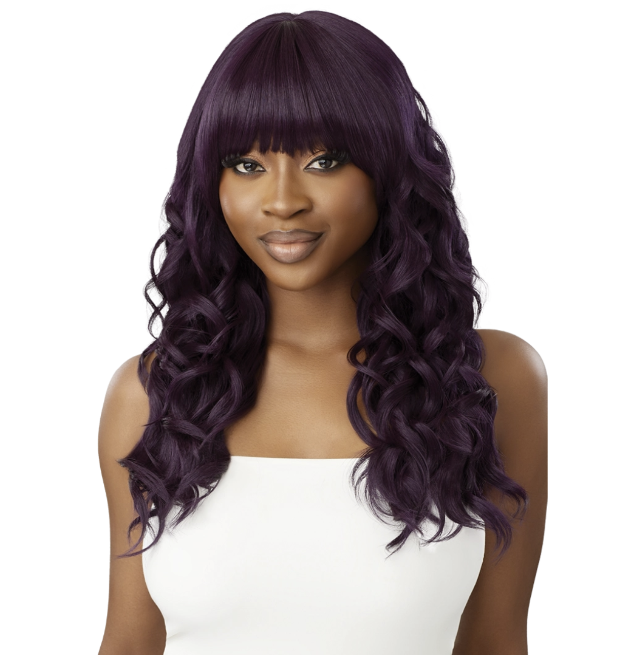 Woman with long, wavy purple hair on a white background