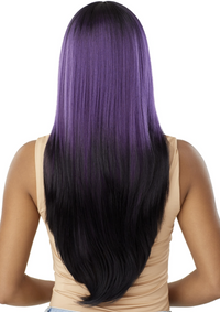 Thumbnail for Person with long, straight hair transitioning from black to purple on a white background