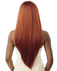 Thumbnail for Woman with long, straight, red-brown hair on a white background