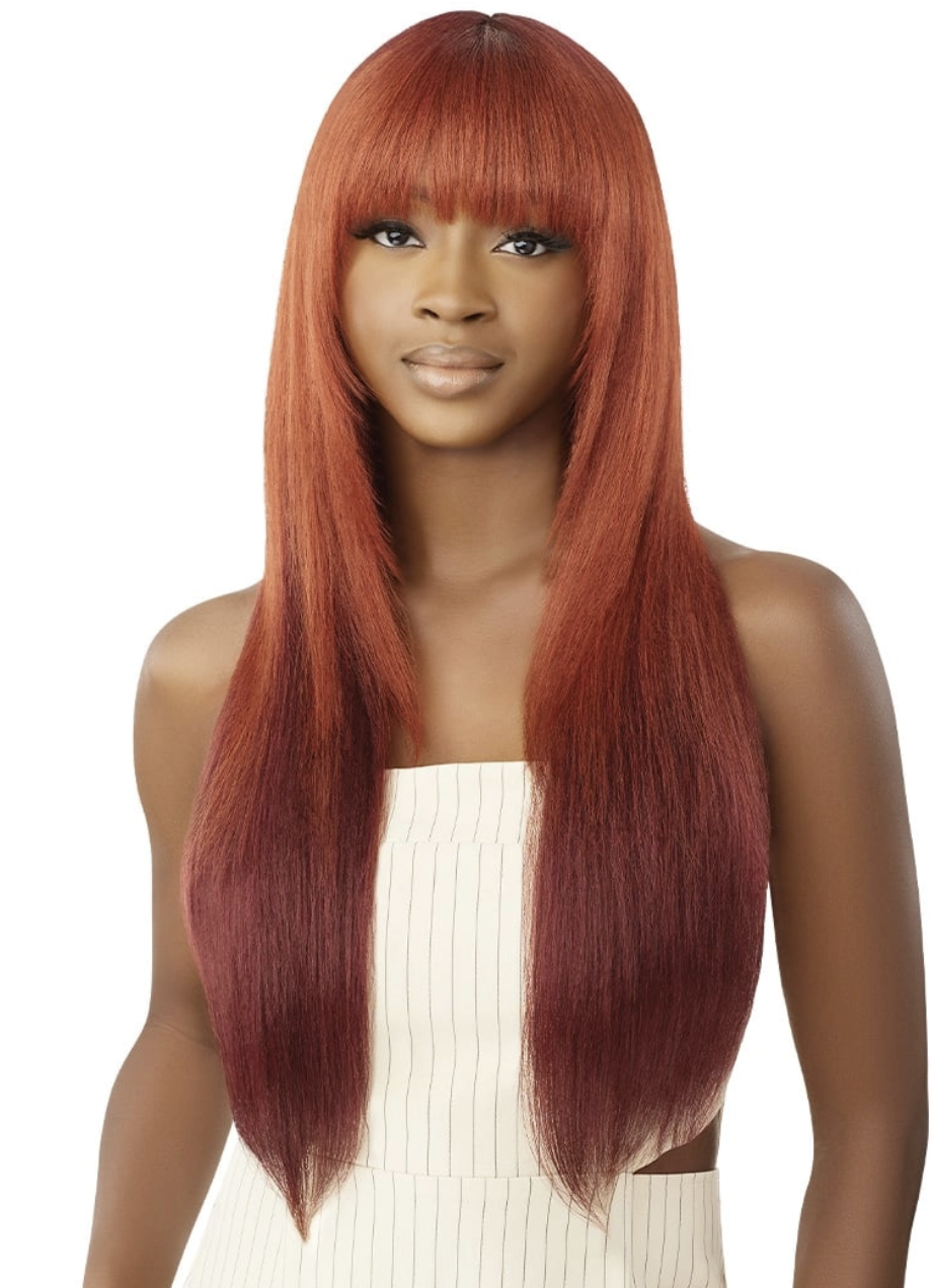 Woman with long red hair on a white background