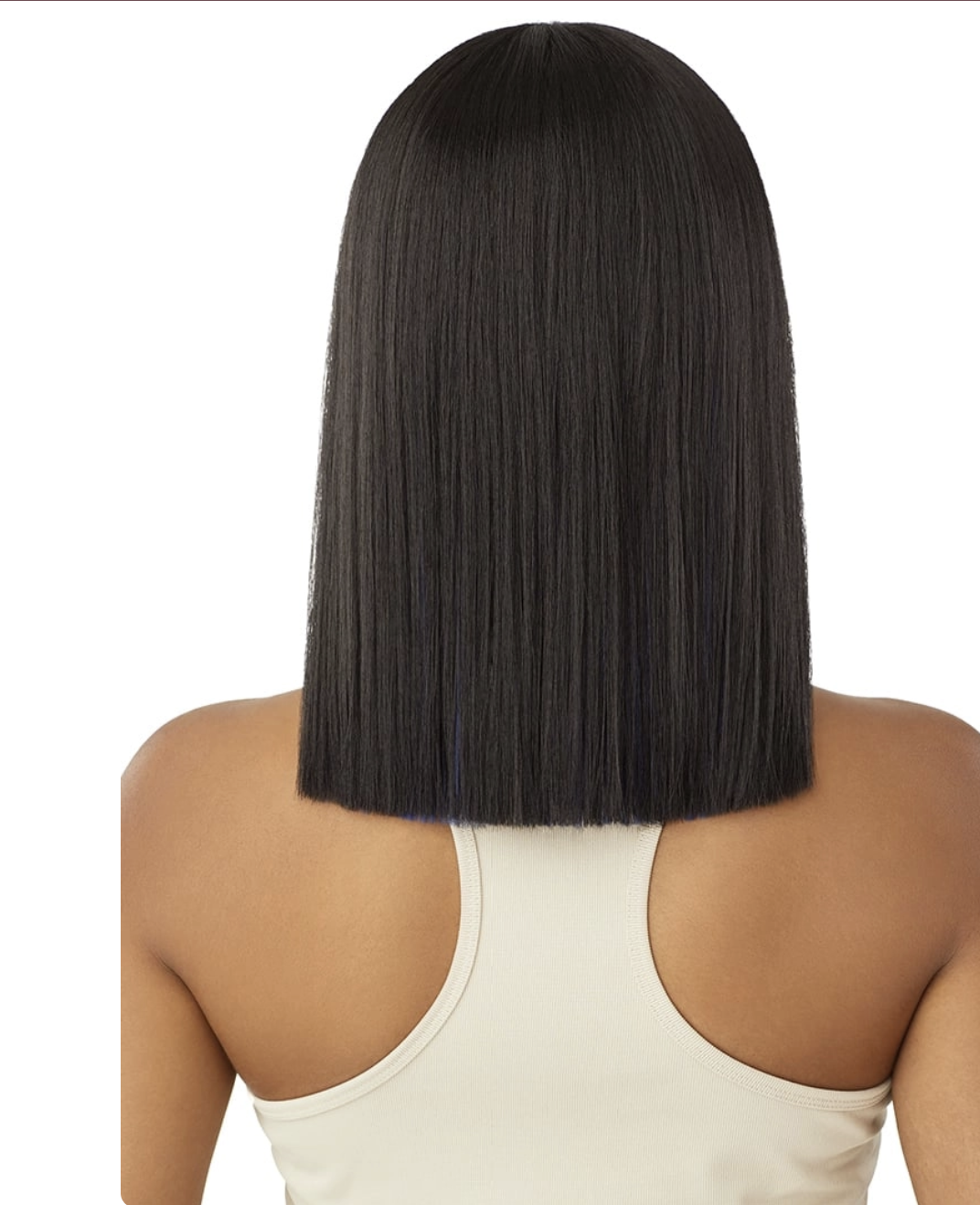 Person wearing a black wig on a white background