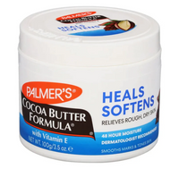 Thumbnail for A white plastic jar of Palmer's Cocoa Butter Formula Heals Softens moisturizer with blue and orange text on the label, shown against a plain white background.