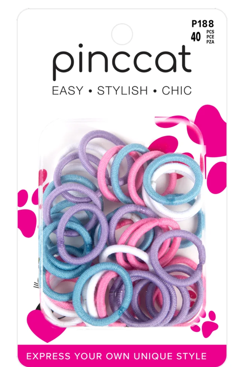 Pincat elastic hair tie pack in retail packaging, containing 40 pastel-colored hair ties in pink, purple, blue, and white.