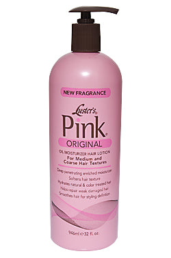 A bottle of Luster's Pink Original oil moisturizer hair lotion with a pump dispenser. The label is predominantly pink with white and black text, and an image of a woman with smooth hair.
