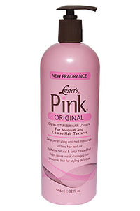 Thumbnail for A bottle of Luster's Pink Original oil moisturizer hair lotion with a pump dispenser. The label is predominantly pink with white and black text, and an image of a woman with smooth hair.