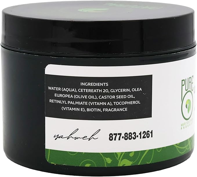 Black jar with a white label displaying ingredients and contact information on a white background