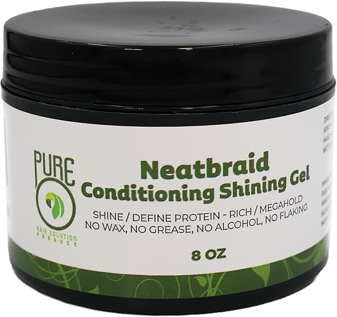 Jar of Pure Neatbraid Conditioning Shining Gel with black lid and green label.