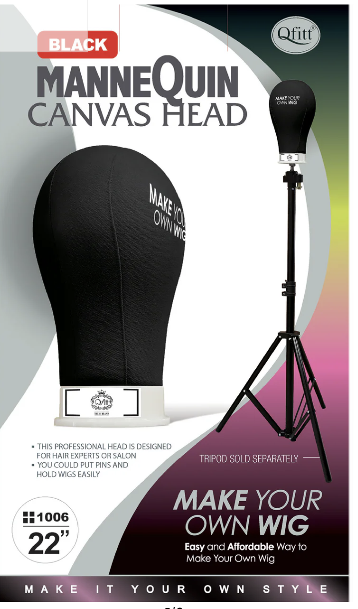 Mannequin canvas head with stand on a colorful background, featuring Qfitt branding.