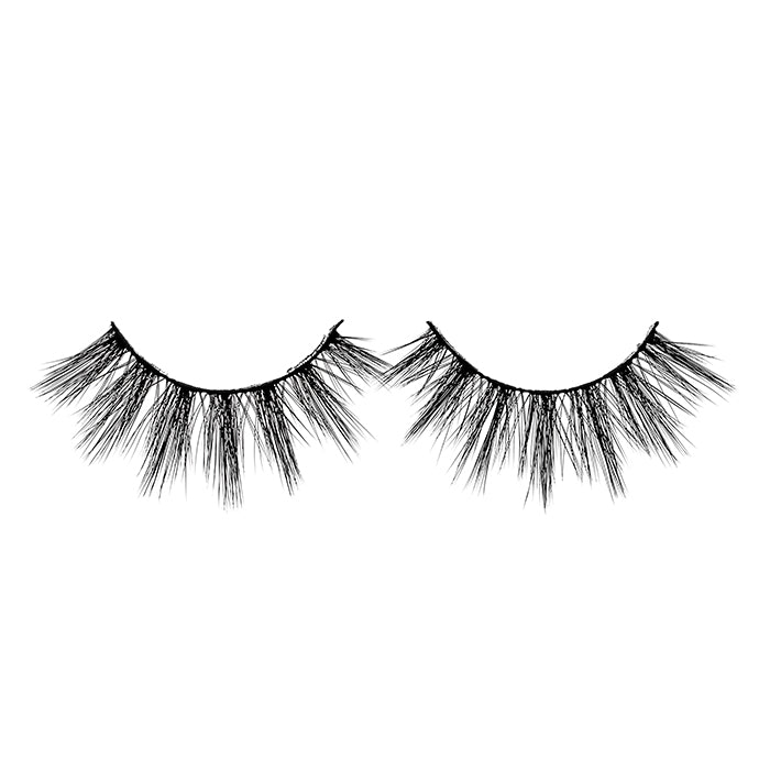 A pair of false eyelashes with a dense and extended tip, against a white background.