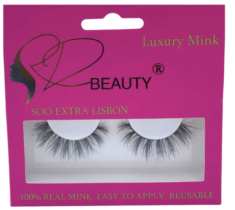 Luxury Mink Beauty false eyelashes packaging with pink background and brand logo.