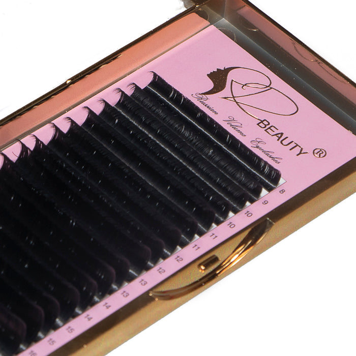 A set of RD Beauty false eyelashes in a pink and gold case, featuring rows of black lashes with varying lengths.