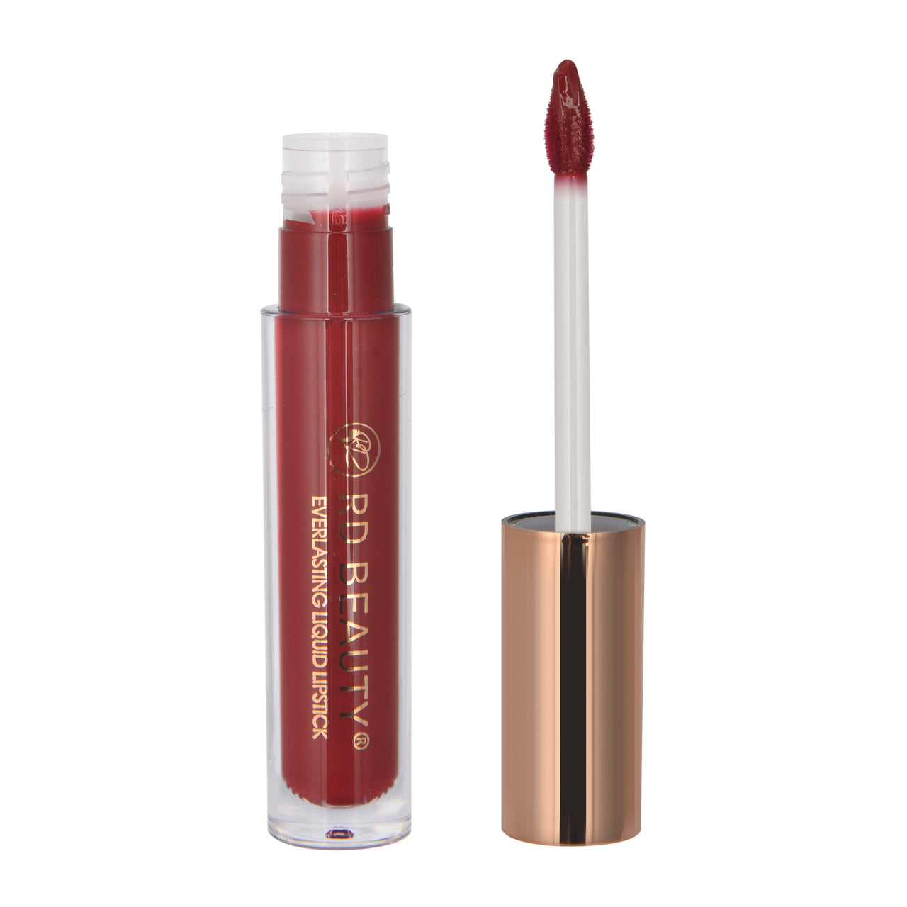 A photo of RD Beauty Liquid Lipstick in a shade of red, with the product packaging visible. The lipstick is shown both in its tube and with the applicator wand outside.