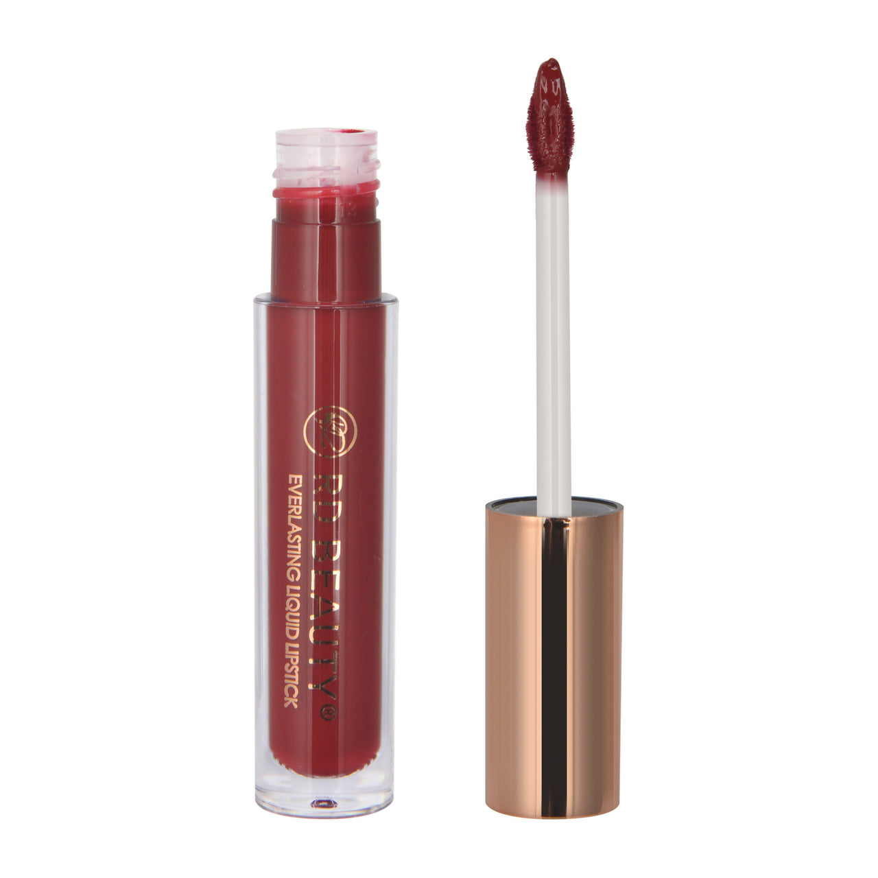 A photo of RD BEAUTY LIQUID LIPSTICK EXORCISM, showing the product in a clear tube with a bronze cap, the color of the lipstick is a rich red, and the applicator is visible.
