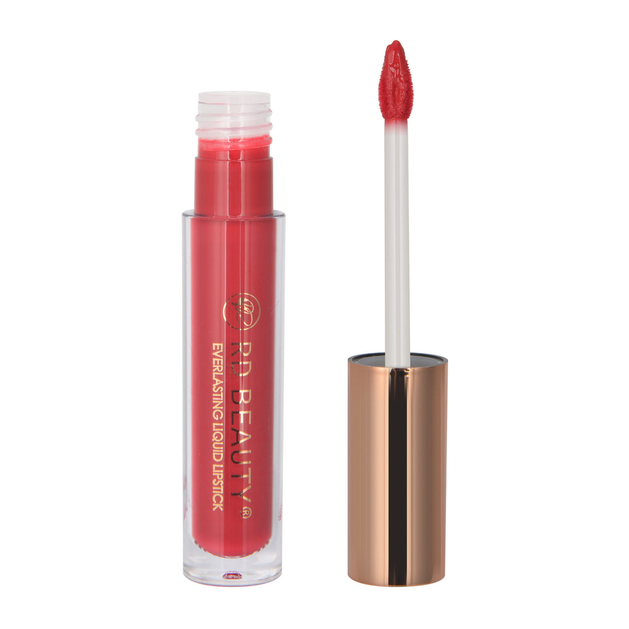 A photo of RD BEAUTY liquid lipstick in a red shade, with the product packaging visible. The lipstick is shown with the applicator on the right side, and the tube cap is on the left.