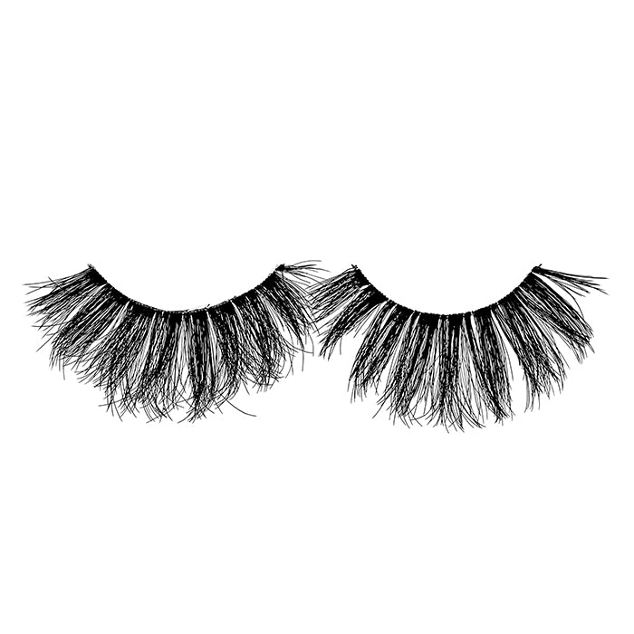 A pair of long, black, premium human hair false eyelashes displayed on a white background.