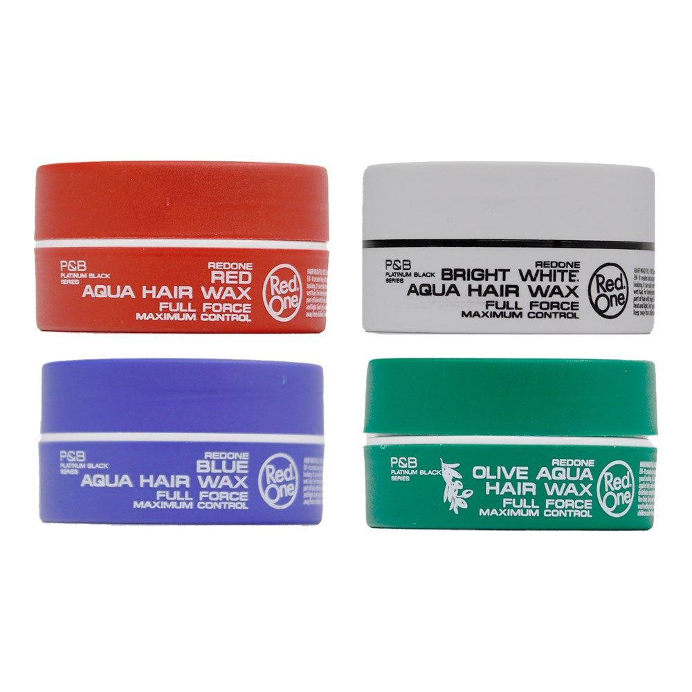 Four containers of Red One hair wax in different colors on a white background