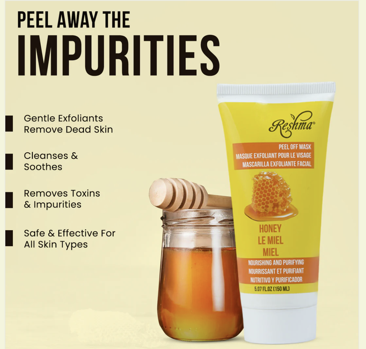 Tube of Reshma honey-based skincare product with a jar of honey on a beige background.