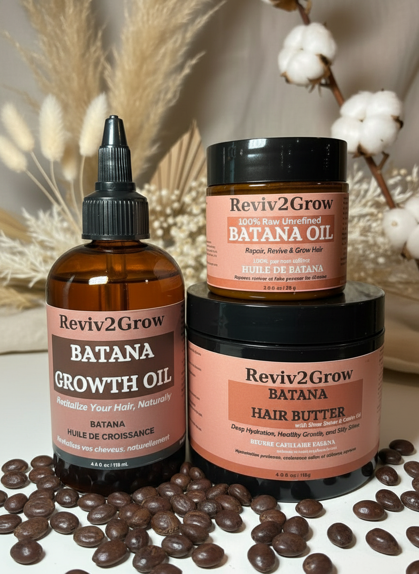 Reviv2Grow Batana Growth Oil and Hair Butter with cotton in the background