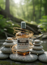 Thumbnail for Bottle of Reviv2Grow Beard Growth Oil on stones with a natural background