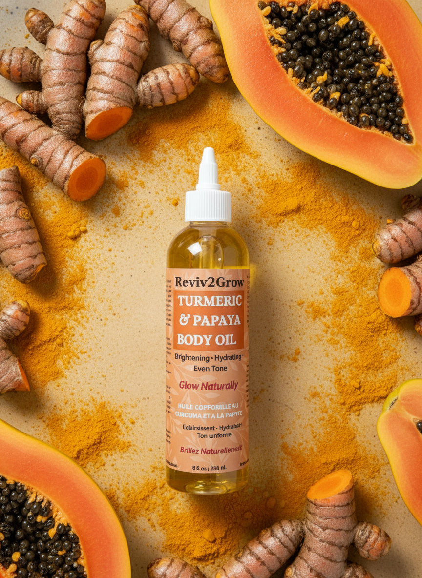 Bottle of Revive Naturals Turmeric & Papaya Body Oil on a white background