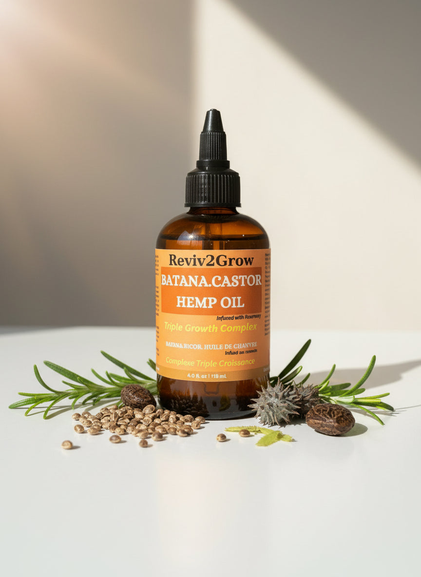 Bottle of Reviv2Grow Batana+Castor Hemp Oil on a neutral background
