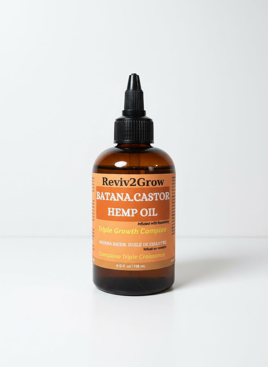 Bottle of Reviv2Grow Batalana Castor Hemp Oil on a white surface with a gray background