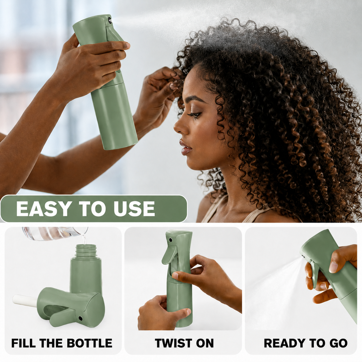 Woman using a green hair care product with step-by-step instructions on how to use it.