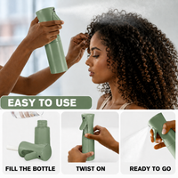 Thumbnail for Woman using a green hair care product with step-by-step instructions on how to use it.