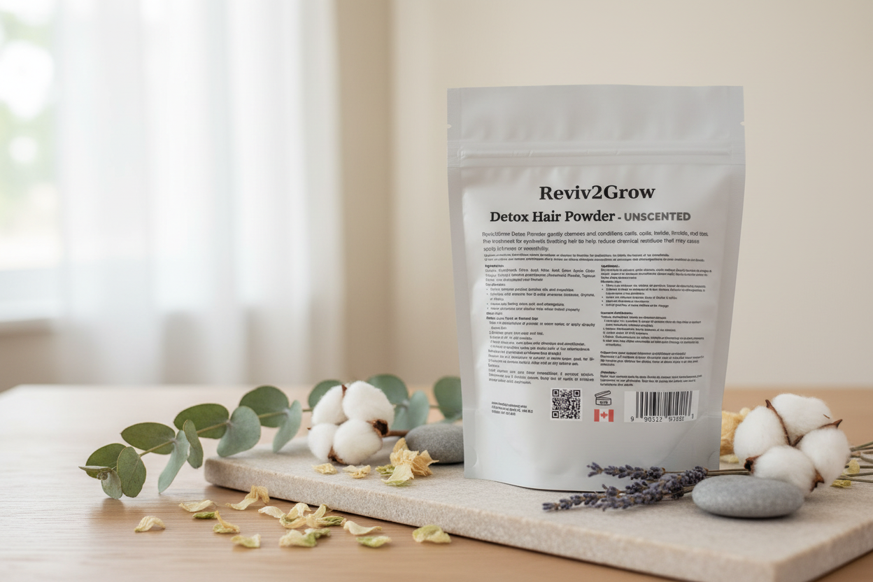 Revit2Grow detox hair powder package on a wooden surface with decorative elements.
