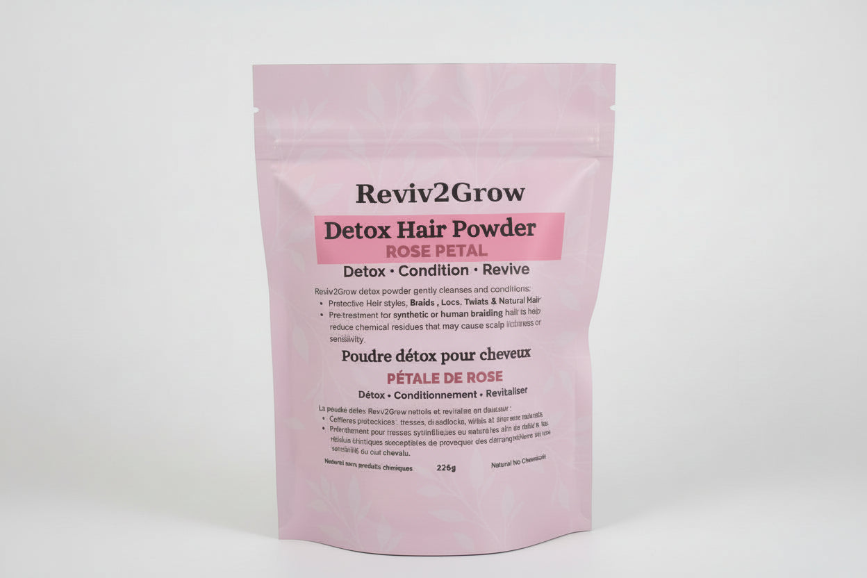 Reviv2Grow Detox Hair Powder packaging with pink and white design on a white background
