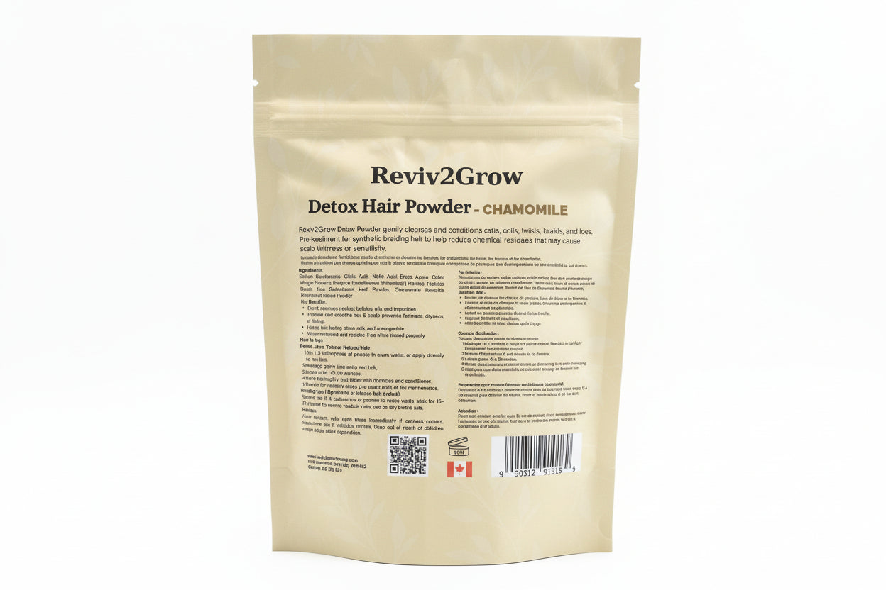Reviv2Grow Detox Hair Powder packaging with text and branding.