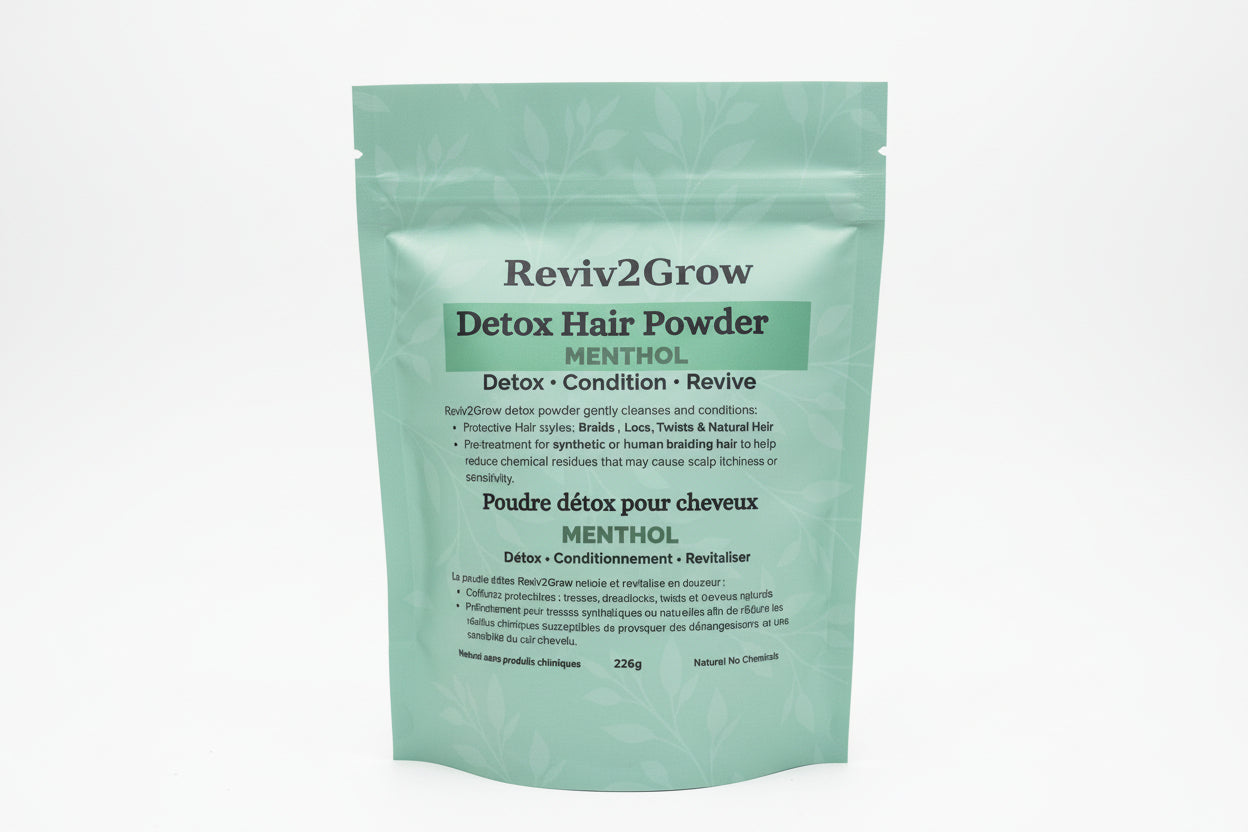Reviv2Grow Detox Hair Powder package on a white background