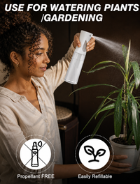 Thumbnail for Woman using a spray bottle to water plants with text about its use for gardening.