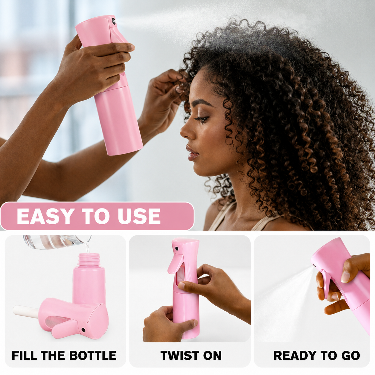 Woman using a pink hair care product with step-by-step instructions on how to use it.