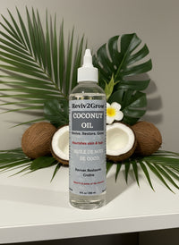 Thumbnail for Coconut oil bottle labeled 'Revive & Grow' on a white surface