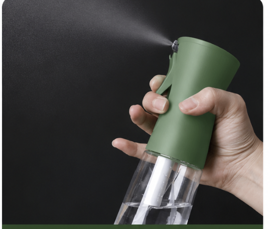 Hand holding a green spray bottle against a black background