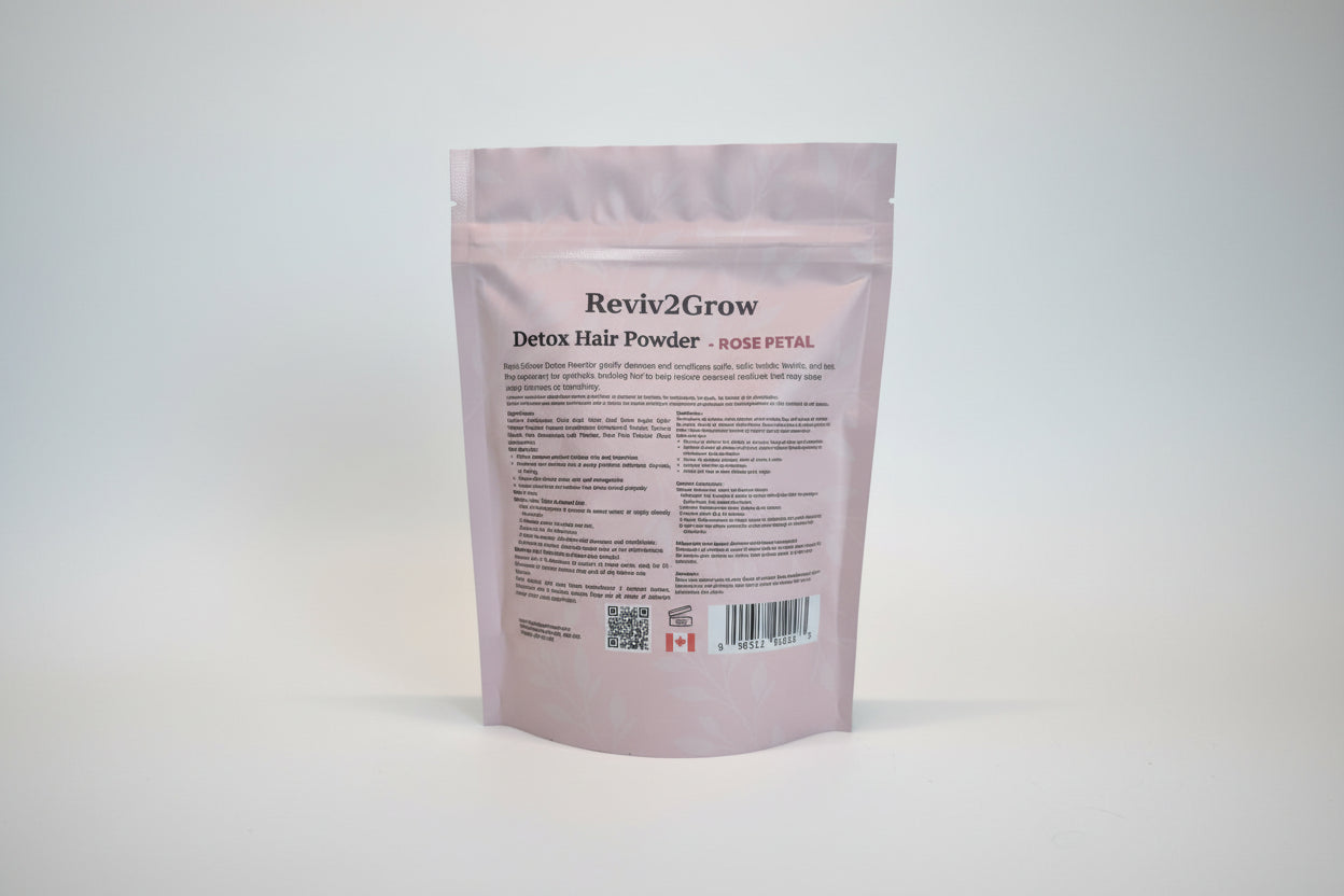 Reviv2Grow Detox Hair Powder packaging with text on a white background