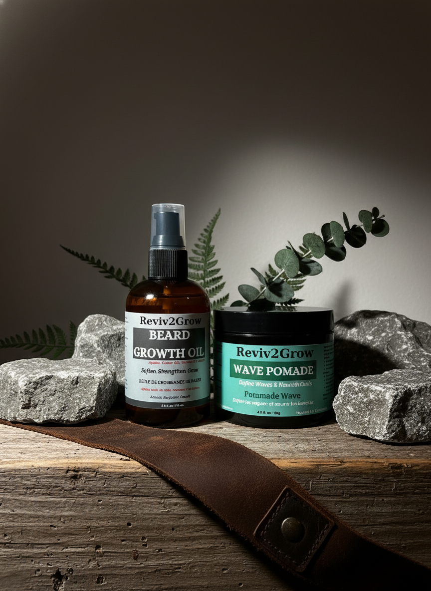 Reviv2Grow beard growth oil and wave pomade with natural elements on a wooden surface.
