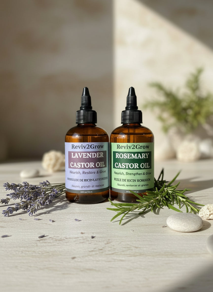 Two bottles of Reviv2Grow castor oil with different scents on a neutral background
