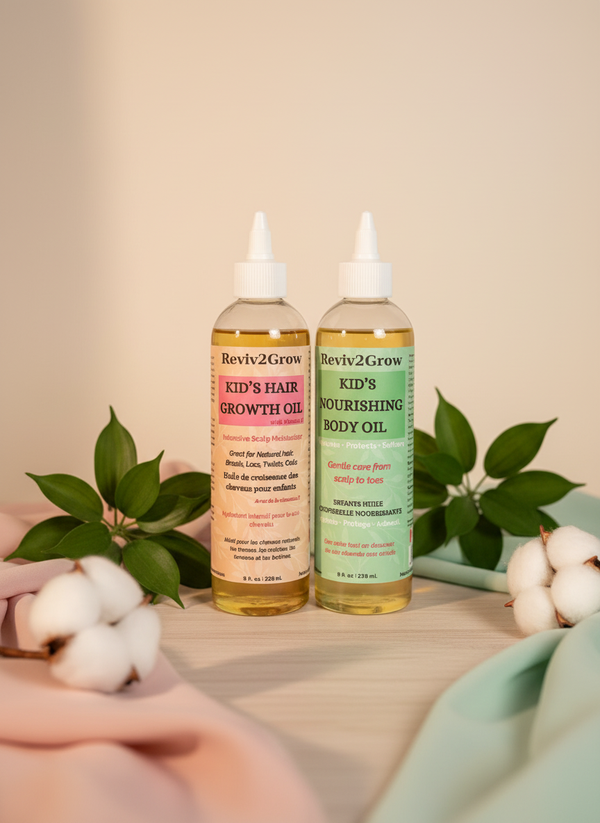 Two bottles of Reviv2Grow products on a wooden surface with cotton and leaves.