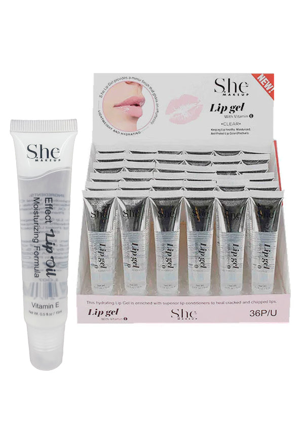 S.HE EFFECT LIP OIL TUBE - CLEAR packaging and product display, featuring a tube of clear lip oil and multiple sachets inside a box.