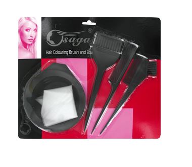A hair colouring brush and bowl set by Osaga, displayed on a card with a picture of a female model on it. The set includes a brush, a bowl, and an application glove.