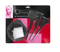 Thumbnail for A hair colouring brush and bowl set by Osaga, displayed on a card with a picture of a female model on it. The set includes a brush, a bowl, and an application glove.