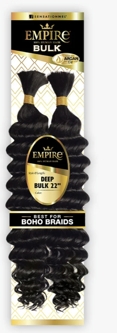 Empire by SensationNec Deep Bulk 22nd Wave hair extensions in a black bundle with gold and white packaging.