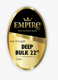 Thumbnail for Oval hair extension packaging label for Empire 100% Human Hair, featuring a black top half with a gold crown logo and gold text, and a metallic gold bottom half with product details 'Style & Length: DEEP BULK 22