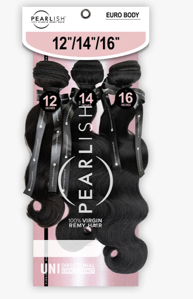 Three bundles of black body wave remy hair extensions in 12, 14, and 16 inches lengths, packaged on a pink and white card labeled PEARLISH.