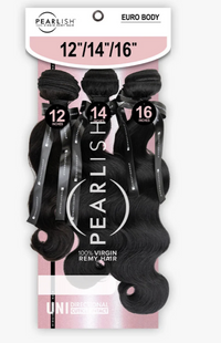 Thumbnail for Three bundles of black body wave remy hair extensions in 12, 14, and 16 inches lengths, packaged on a pink and white card labeled PEARLISH.