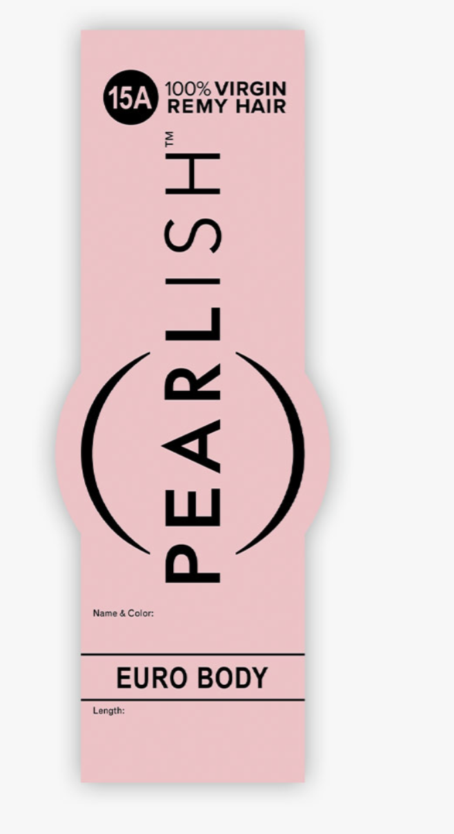 A pink hair extension packaging card for PEARLISH brand, shade 15A Euro Body, showing black text on a light pink background.