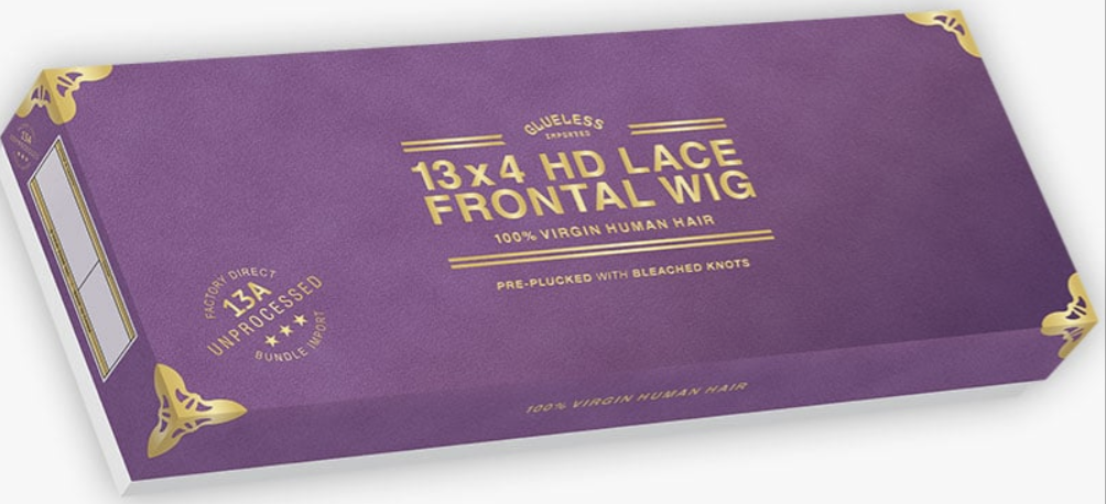 Purple box packaging for a lace frontal wig with gold text on a white background